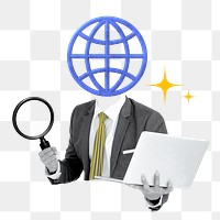 Business communication png sticker, grid-globe head businessman on transparent background