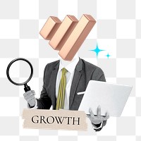 Growth word png sticker, bar chart head businessman remix on transparent background