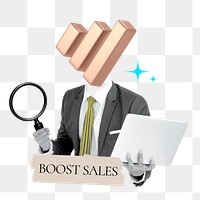 Boost sales word png sticker, bar chart head businessman remix on transparent background