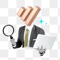 Business analyst png sticker, bar chart head businessman on transparent background