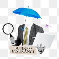 Business insurance word png sticker, umbrella head businessman remix on transparent background