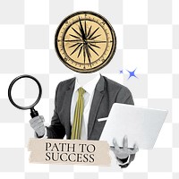 Path to success png word sticker, compass head businessman remix on transparent background