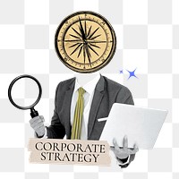 Corporate strategy word png sticker, compass head businessman remix on transparent background