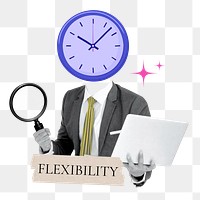 Flexibility word png sticker, clock head businessman remix on transparent background