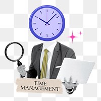 Time management word png sticker, clock head businessman remix on transparent background