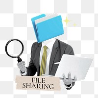 File sharing word png sticker, folder head businessman remix on transparent background