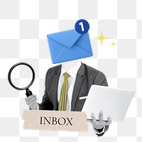 Inbox word png sticker, envelope head businessman remix on transparent background