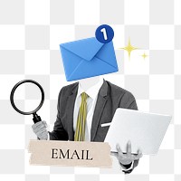 Email word png sticker, envelope head businessman remix on transparent background