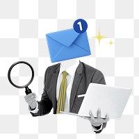 Email notification business png sticker, envelope head businessman on transparent background