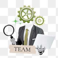 Team word png sticker, cogwheel head businessman remix on transparent background