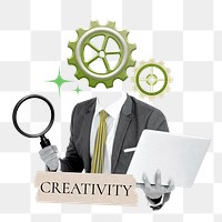 Creativity word png sticker, cogwheel head businessman remix on transparent background