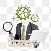 Brainstorm word png sticker, cogwheel head businessman remix on transparent background