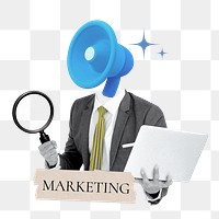 Marketing word png sticker, megaphone head businessman remix on transparent background