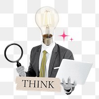 Think word png sticker, bulb head businessman remix on transparent background