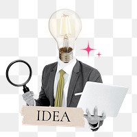 Idea word png sticker, bulb head businessman remix on transparent background