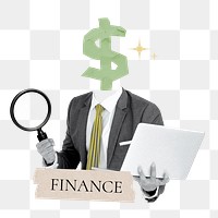 Finance word png sticker, dollar sign head businessman remix on transparent background