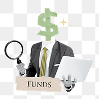 Funds word png sticker, dollar sign head businessman remix on transparent background