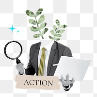 Action word png sticker, plant head businessman remix on transparent background