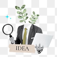 Idea word png sticker, plant head businessman remix on transparent background