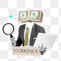 Currency word png sticker, money head businessman remix on transparent background