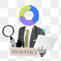 Analytics word png sticker, pie chart head businessman remix on transparent background