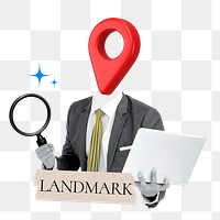 Landmark word png sticker, location pin head businessman remix on transparent background