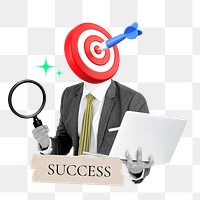 Success word png sticker, target head businessman remix on transparent background