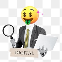 Digital word png sticker, money-face emoticon businessman remix on transparent background