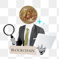 Blockchain word png sticker, bitcoin head businessman remix on transparent background