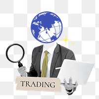 Trading word png sticker, grid globe head businessman remix on transparent background