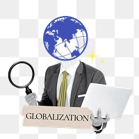 Globalization word png sticker, grid globe head businessman remix on transparent background