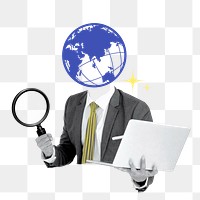 Business communication png sticker, grid globe head businessman remix on transparent background