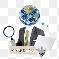 Marketing word png sticker, globe head businessman remix on transparent background