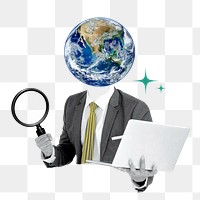 CSR sustainable business png sticker, globe head businessman, environment remix on transparent background