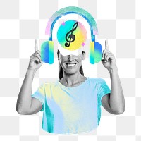 Woman png listening to music, creative remix, transparent background