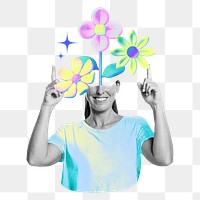 Flower-head woman png gradient collage remix, transparent background