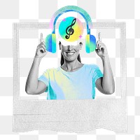 Woman png listening to music, creative remix, transparent background