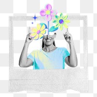 Instant photo frame png flower-head woman collage remix, transparent background