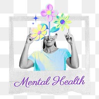 Mental health word png woman instant photo frame collage remix, transparent background
