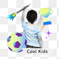 Cool kids word png boy rear view collage remix, transparent background