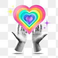 LGBTQ support png, hands cupping rainbow heart, transparent background