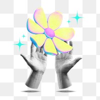 Yellow flower png held by hand collage remix, transparent background