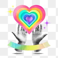 LGBTQ support png, hands cupping rainbow heart, transparent background