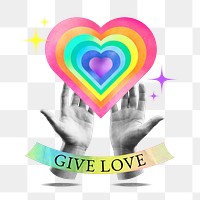 Give love word png rainbow heart collage remix, transparent background