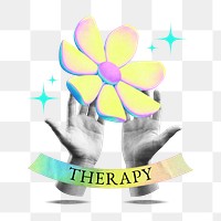 Therapy word png, hand holding flower collage remix, transparent background