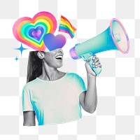 LGBTQ gay pride png, woman holding megaphone remix, transparent background