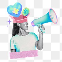 Health donation png, woman holding megaphone remix, transparent background