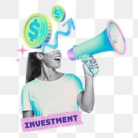 Investment word png woman megaphone collage remix, transparent background