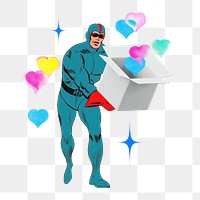 Superhero png collecting hearts with a box, health remix, transparent background