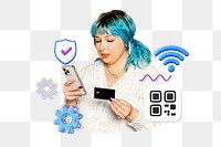 Cashless payment png, woman using smartphone remix, transparent background